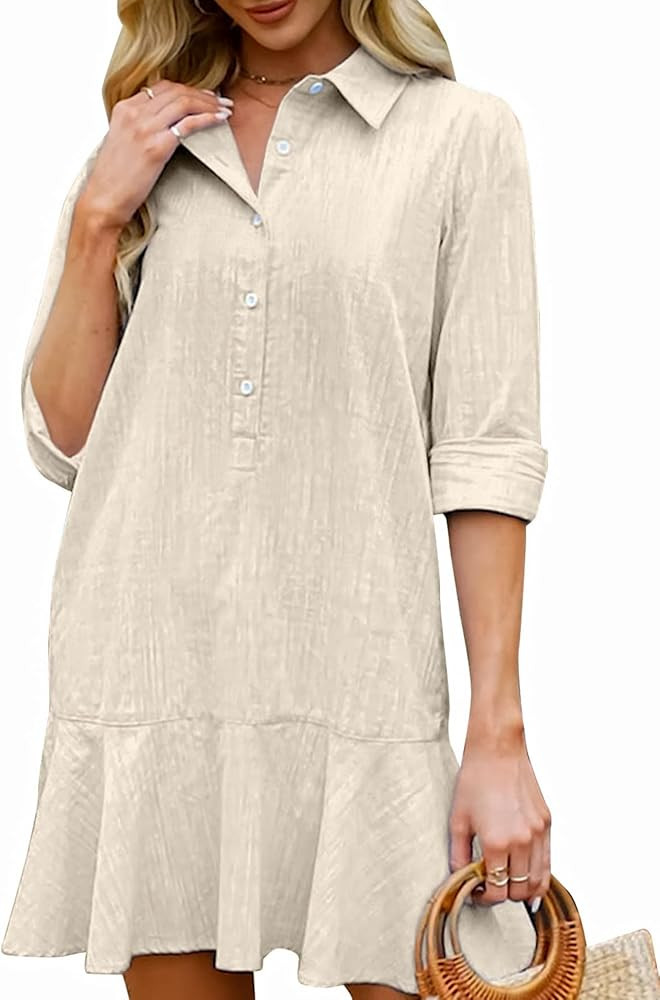 LifeShe Women's Tunic Mini Shirt Dress Cotton Long Sleeve Ruffle Hem Dress Button Up Shift Chambr... | Amazon (US)