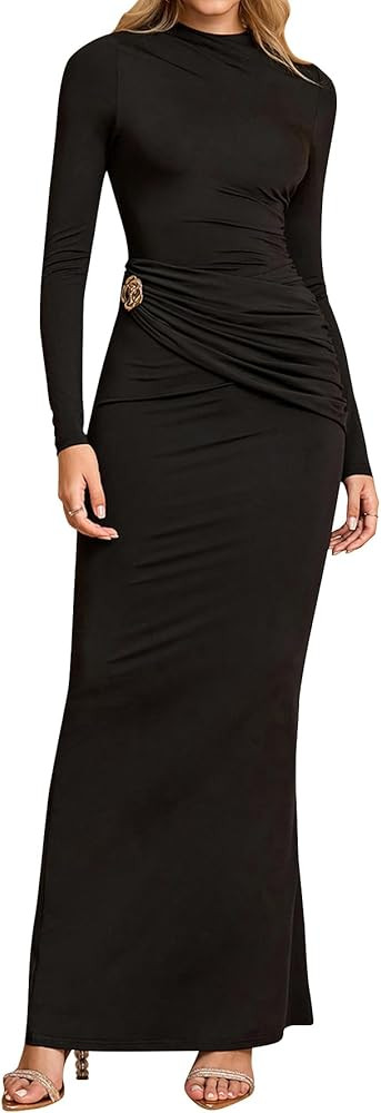 Women's Long Sleeve Ruched Bodycon Maxi Dress Fall Winter Formal Elegant Cocktail Party Dresses | Amazon (US)