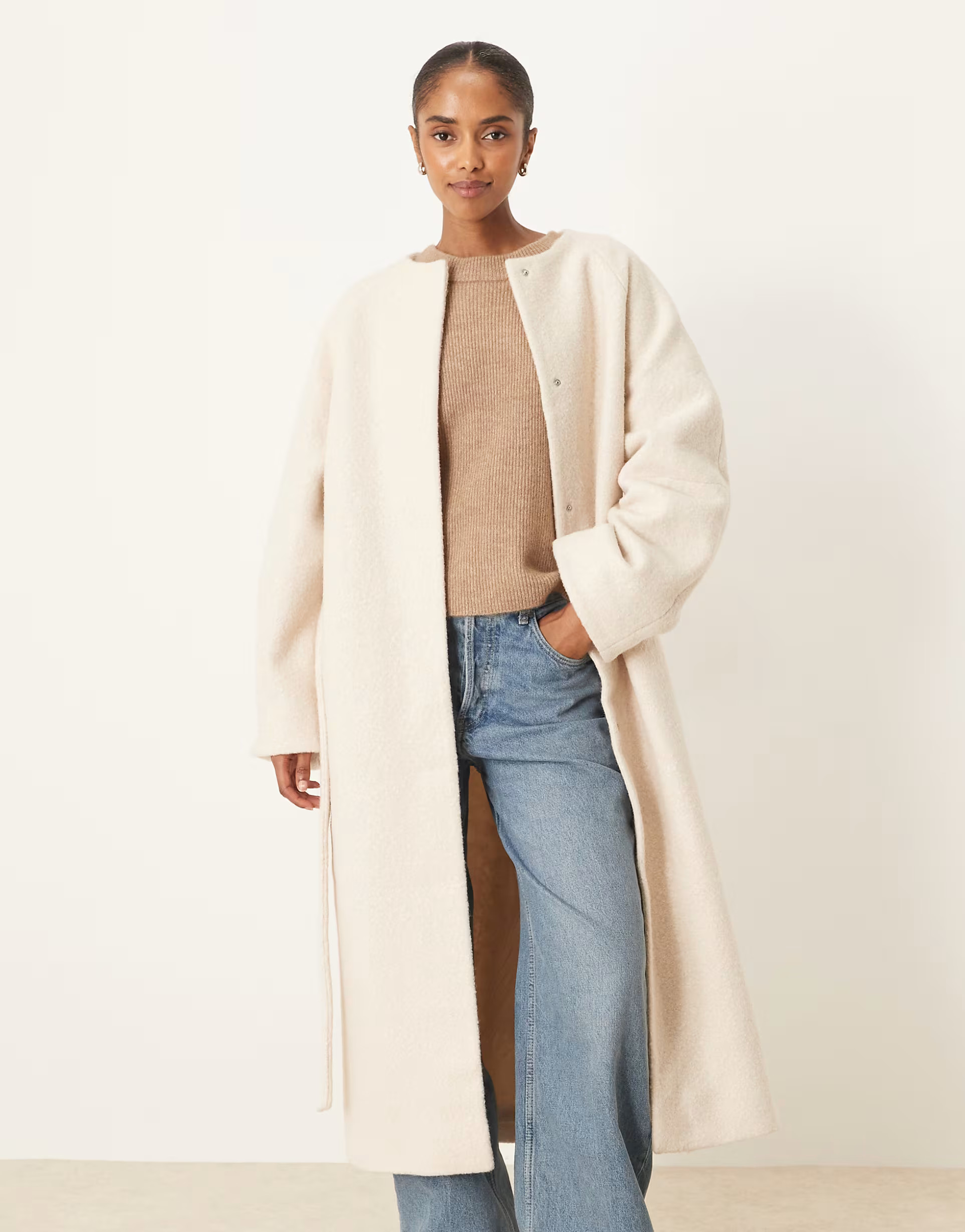 ASOS DESIGN collarless boucle longline formal coat in oatmeal | ASOS | ASOS (Global)