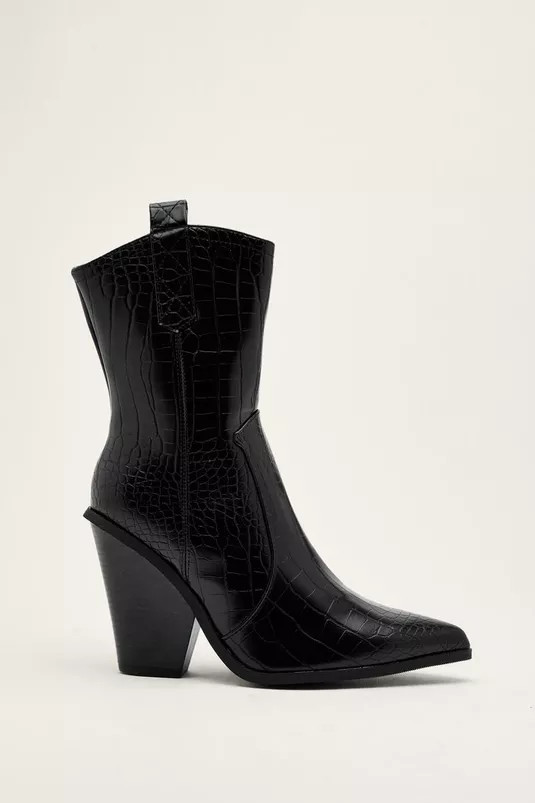 Faux Leather Croc Embossed Mid Western Boots | Nasty Gal (US)