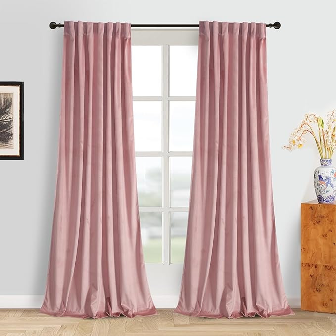 Roslynwood Luxury Soft Dusty Pink Velvet Curtains 63 inches Long Back Tab Thermal Insulated Black... | Amazon (US)
