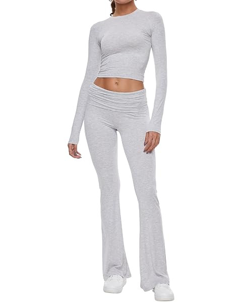 AYWA Women's 2 Piece Outfits Foldover Flare Pants Long Sleeve Crew Neck T-shirt Fitted Pajama Set... | Amazon (US)