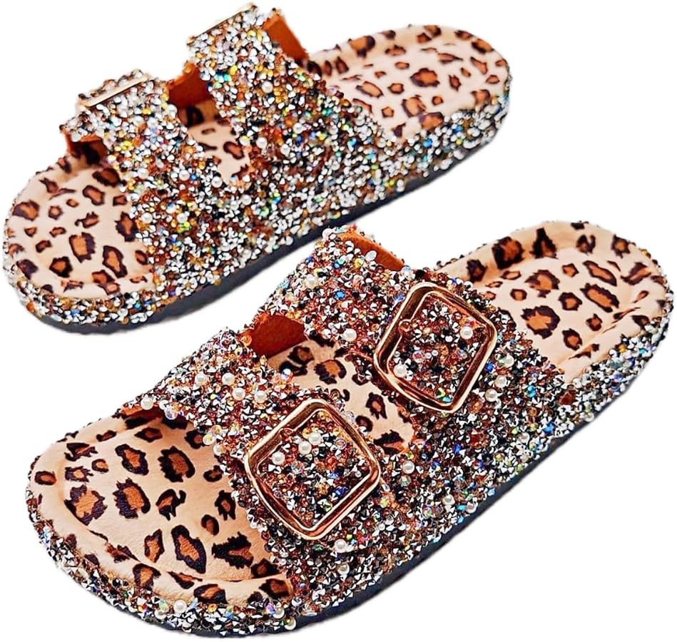 Cork Footbed Slides, 2025 Women's Flat Bottomed Home Outdoor Diamond Sequin Metal Button Plus Siz... | Amazon (US)