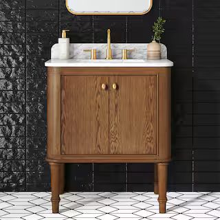Collette 30 in W x 22 in D x 35 in H Single Sink Bath Vanity in Cinnamon Oak With White Carrara Marble Top | The Home Depot