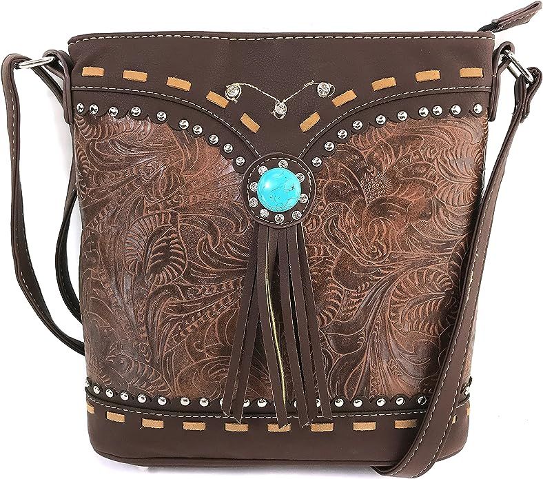 Justin West Tooled Western Leather Turquoise Stone Fringe Studded Shoulder Concealed Carry Handba... | Amazon (US)