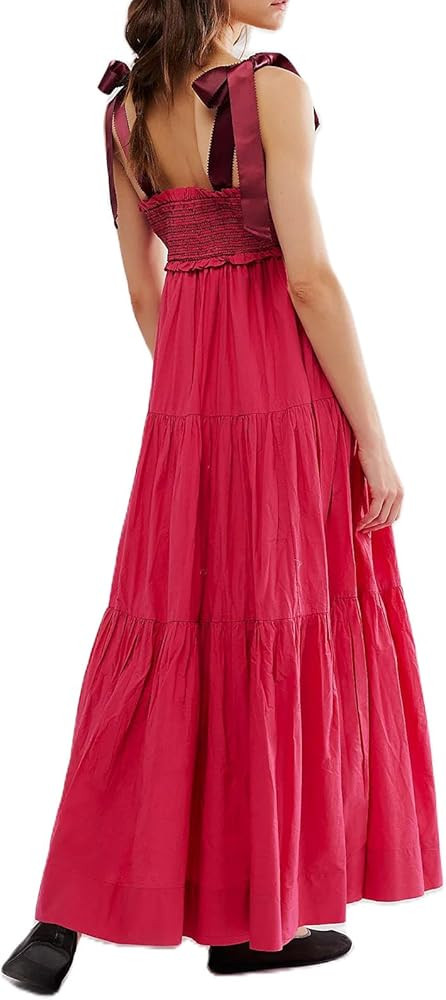 Women Summer Dresses Flowy Smocked Maxi Dress Sleeveless Tie Shoulder Boho Dresses Y2K Floral Bea... | Amazon (US)