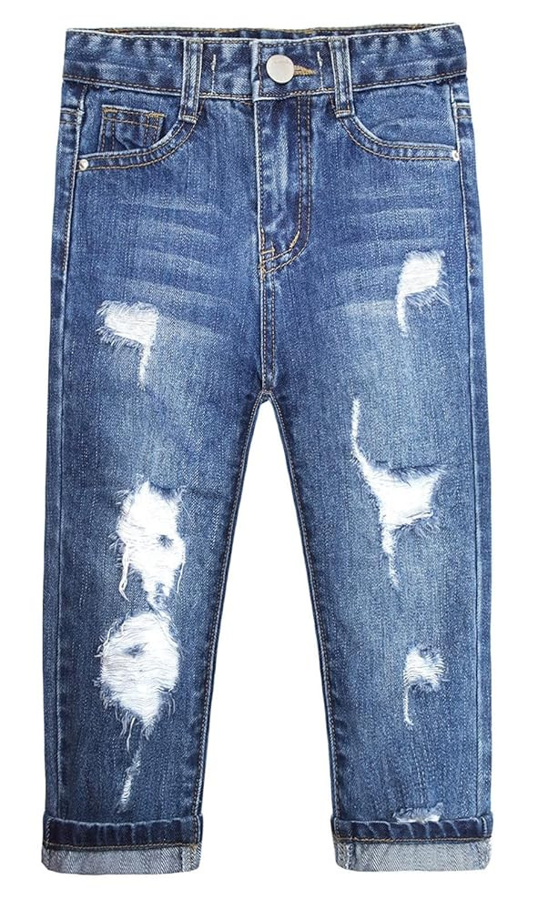 KIDSCOOL SPACE Girls Slim-fit Jeans, Ripped Holes Straight Denim Pants | Amazon (US)