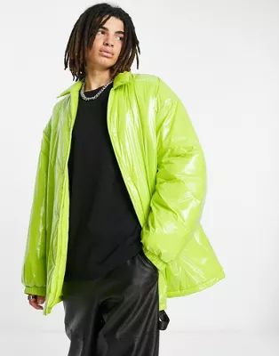 ASOS DESIGN extreme oversized vinyl puffer coach jacket in green | ASOS (Global)