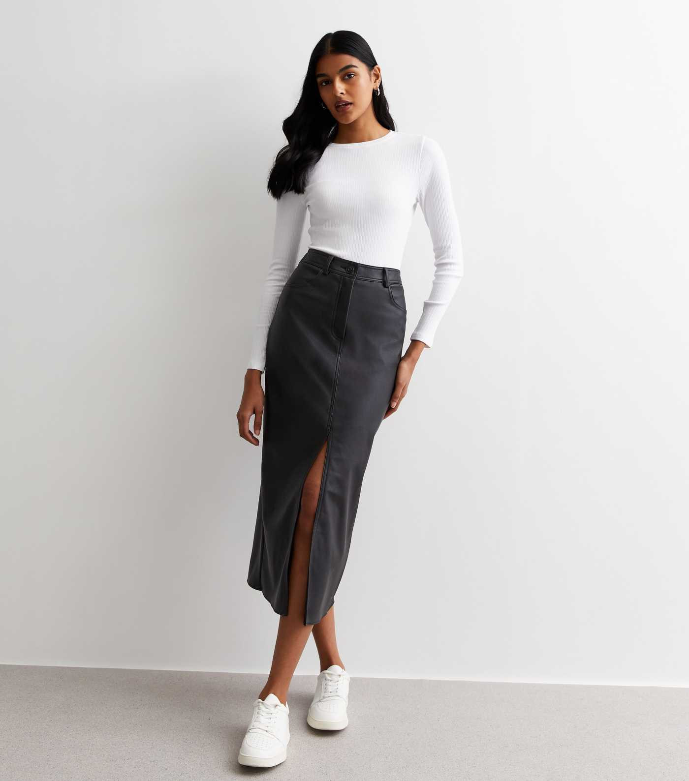 Black Leather-Look Coated Split Hem Midaxi Skirt
						
						Add to Saved Items
						Remove fro... | New Look (UK)