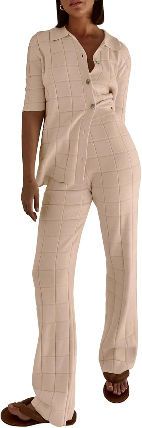 Tankaneo Women's Knit Pajama Sets Short Sleeve Collared Shirts and Wide Leg Pants 2 Piece Outfits... | Amazon (US)