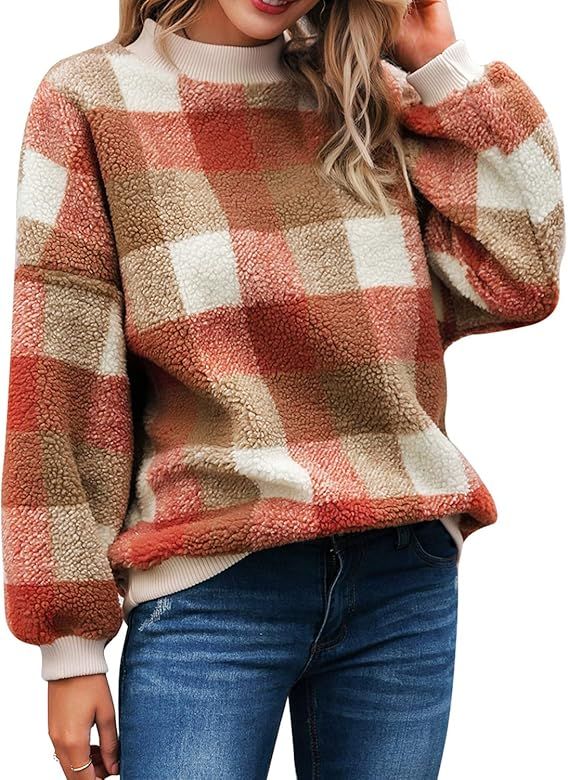 Women's Casual Plaid Fuzzy Pullover Sweatshirts Crew Neck Loose Fit Sweater Top | Amazon (US)