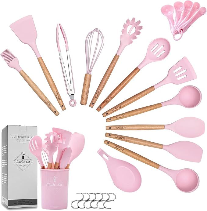 ZCOINS 18+1 PC Silicone Cooking Utensils Set with Wooden Handles & Holder, Kitchen Gadgets, Kitch... | Amazon (US)