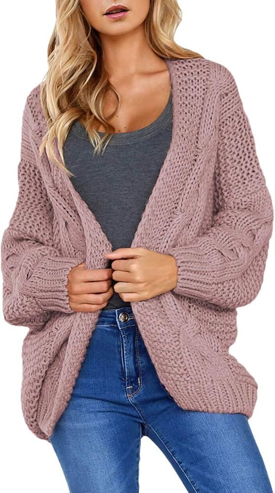 Women Open Front Long Sleeve Chunky Knit Cardigan Sweaters Loose Outwear Coat S-XXL | Amazon (US)