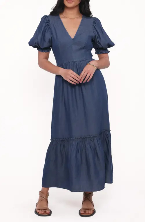 Petal & Pup Steele Puff Sleeve Tiered Chambray Midi Dress in Dark Denim at Nordstrom, Size Medium | Nordstrom