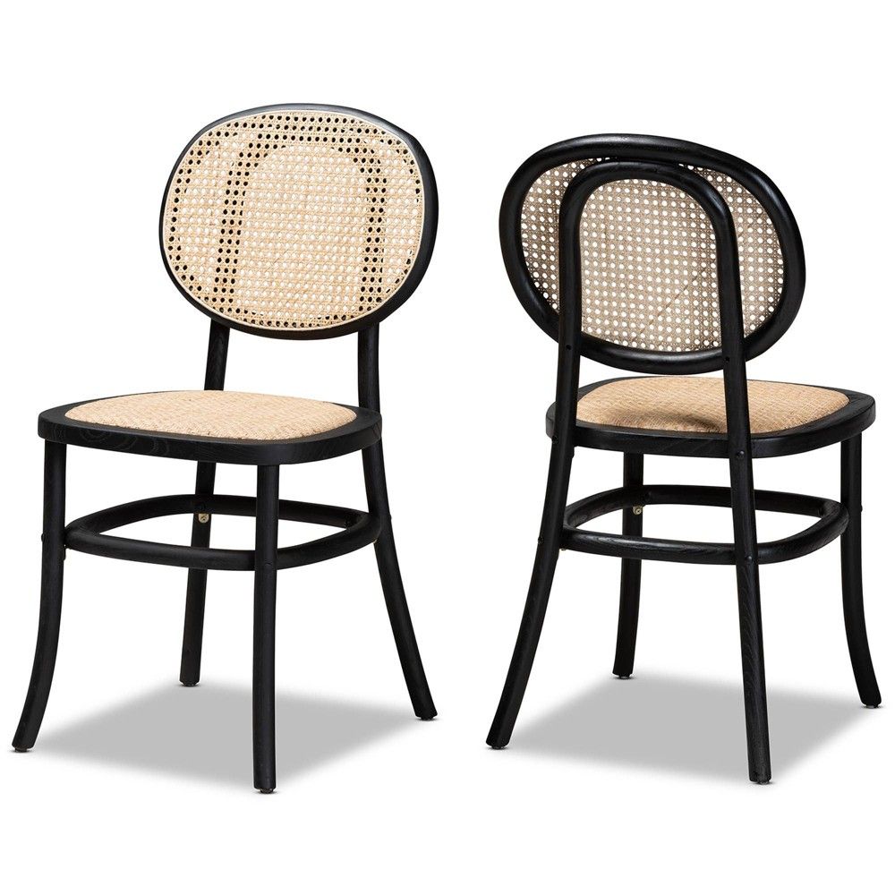 2pc Garold Woven Rattan and Wood Cane Dining Chair Set Brown/Black - Baxton Studio | Target