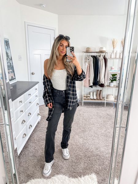 Tonight’s super causal dinner outfit for a chill dinner with fam at a local sports bar! It’s also 80 out today 😅 
+ bodysuit: xs
+ flannel: medium 
+ jeans: 25 short 
+ sneakers; size down 1/2 size 

#LTKSeasonal #LTKfindsunder100 #LTKfindsunder50