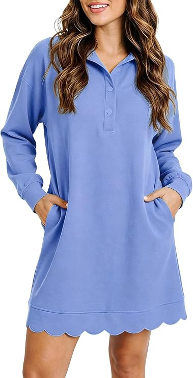 Fisoew Womens T Shirt Mini Dress Casual Long Sleeve V Neck Athletic Dresses | Scalloped Hem, Pock... | Amazon (US)