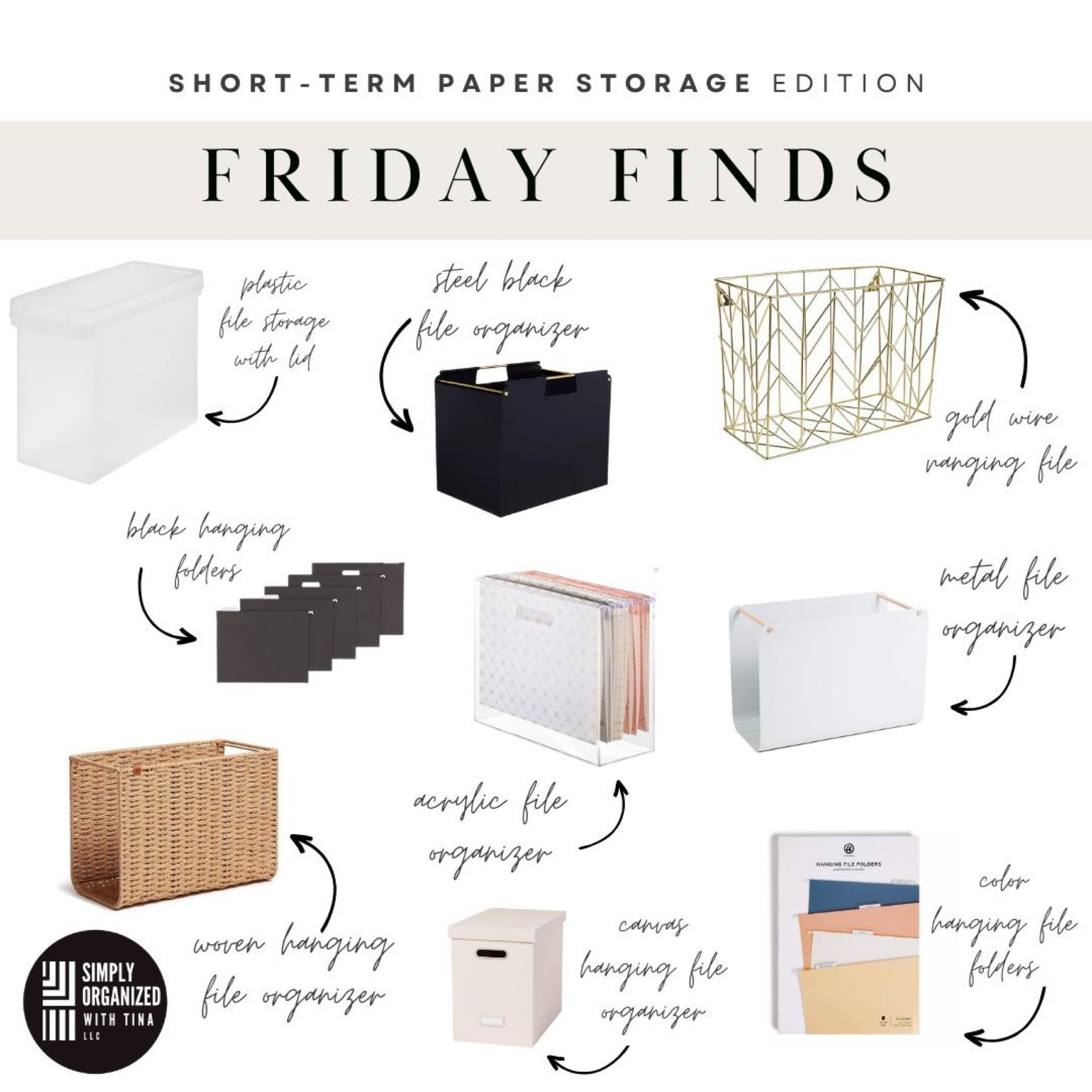 In addition to a permanent filing system, it is equally important to have a place for documents to have a place to land in the short term. These might include permission slips, new invoices, and other documents that need a temporary home in your space. Here are some of our favorite items for short-term paper storage to fit every style and budget:

▪️ Black or color hanging files: Organize and label in a way that works best for your family
▪️ Canvas file box with lid
▪️ Plastic file organizer with lid
▪️Acrylic hanging file organizer 
▪️ Black steel hanging file organizer 
▪️ Metal hanging file organizer 
▪️ Woven hanging organizer 
▪️ Wire hanging organizer 

#LTKfamily #LTKhome