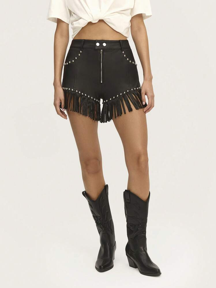Nöista PU Micro Shorts With Fringe Hem And Studs. Perfect For Festivals, Concerts, Or Bold Summer Streetwear. | SHEIN