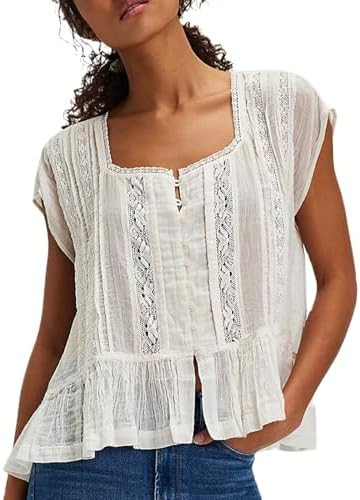 Women Y2k Semi Sheer Blouse Shirt Lace Trim Button Down Short Sleeve Round Neck Casual Going Out ... | Amazon (US)