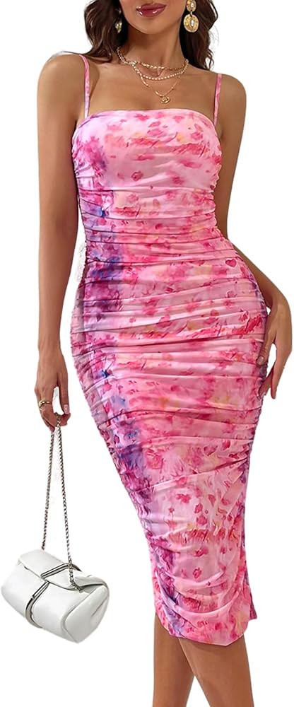 Parthea Women's Spaghetti Strap Sexy Dresses Ruched Bodycon Dress Floral Elastic Side Split Midi ... | Amazon (US)