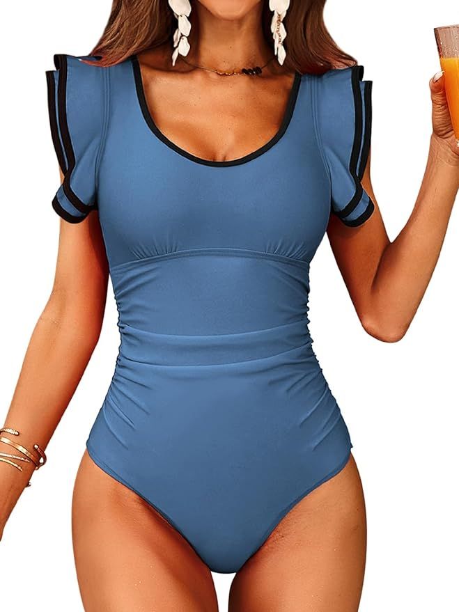 SOCIALA One Piece Swimsuit Ruffle Sleeves Sexy U Neck Ruched Tummy Control Bathing Suits Color Bl... | Amazon (US)