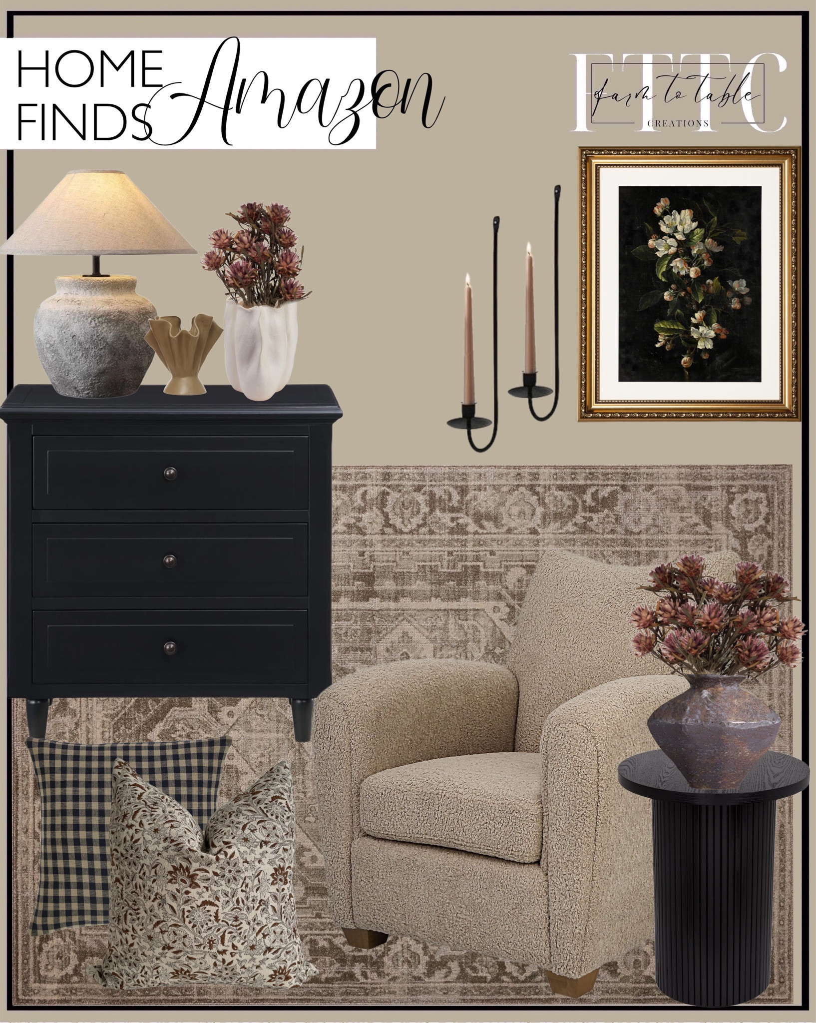 Amazon Home Finds. Follow @farmtotablecreations on Instagram for more inspiration.

Bellemave 3-Drawer Nightstand, Wood Bedside Table Cabinet with Solid Pine Wood Legs, Black. ARPEOTCY Vintage Still life Gold Framed Wall Art. Modern Handmade Ceramic Table Lamp. Loloi Magnolia Home by Joanna Gaines Mona Collection MOA-01 Cocoa/Stone Accent Rug. Metal Wall Candle Sconce Holder Set of 2 Wall Mount Candleholder Pillar Holder Black Modern Wall Candle Sconces. Uttermost Teddy Farmhouse Wood and Fabric Accent Chair in Brown. Bloomingville 11.25 Inches Stoneware Ruffled Reactive Glaze, Sage Vase. Vickerman Purple Orchid Plumosum Flower 20" Long Stem. Bloomingville Decorative Organically Shaped Stoneware Vase, Matte Cream. Black Side Tables Living Room, Modern Drum End Table. Metal Mantel Clock, Gold Finish. Rustic Ceramic Farmhouse Vase, Vintage Home Decor. Canyon Theory Hand Block Print Organic Linen 20x20 Inch Throw Pillow Cover: Indoor Outdoor Sustainable Handmade Vintage Decorative Cushion Cover (Rowan). VHC Brands, Black Check, Cotton, 16x16, Fabric Pillow, Black. 



#LTKFindsUnder50 #LTKHome #LTKSaleAlert