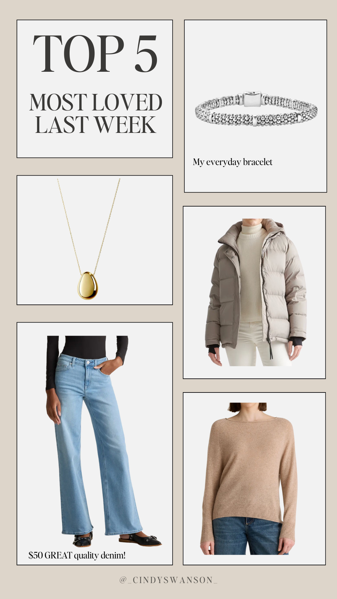 Your top 5 most loved items last week! Some really great ones! 

Quince denim, puffer coat and cashmere sweater! 

Everyday jewelry  

 #LTKootd #LTKU #LTKOver40