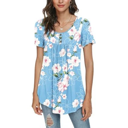 JuneFish Women s Casual Short Sleeve Tunic Tops Loose Fit Pleated Henley Floral Blue Blouses | Walmart (US)