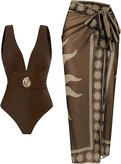 SherryDC One Piece Swimsuit with Cover up Wrap Skirt Sarong Floral Print Plunge V Neck Bathing Su... | Amazon (US)