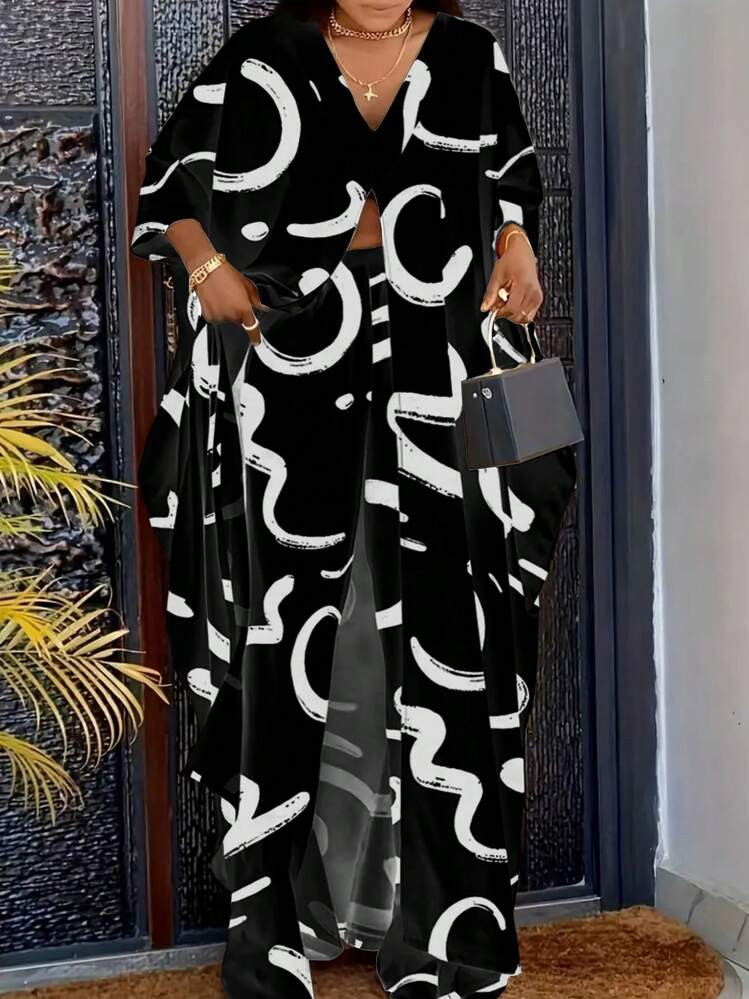 INAWLY 2pcs Abstracto Print Casual Set, Open-Front Long Top And Long Pants, Women | SHEIN