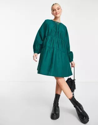 ASOS DESIGN cotton poplin tiered mini dress in bottle green | ASOS (Global)