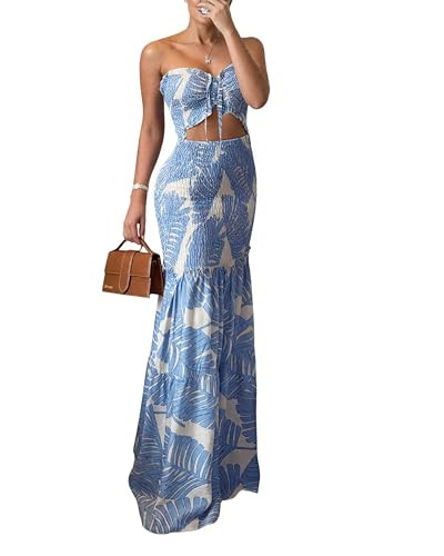 CHICME Floral Printed Prom Dress Tie Ruched Shirred Bandeau Party Dress Slim Fit Ruffle Hem Vacat... | Amazon (US)
