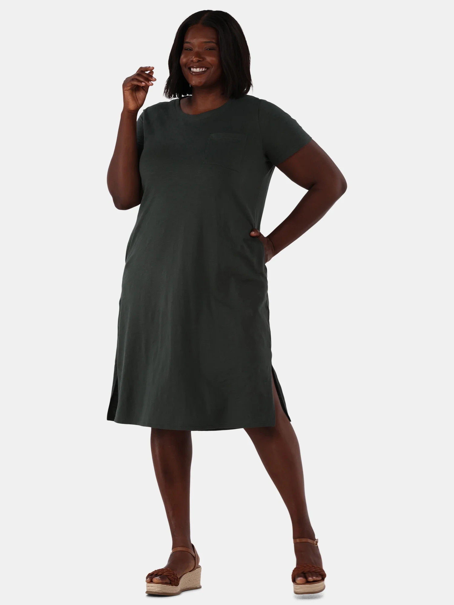 Terra & Sky Women's Plus Size Cotton Crewneck T-Shirt Dress with Pockets, Sizes 0X-5X | Walmart (US)