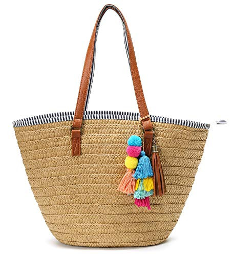Epsion Straw Beach Bags Tote Tassels Bag Hobo Summer Handwoven Shoulder Bags Purse With Pom Poms | Amazon (US)