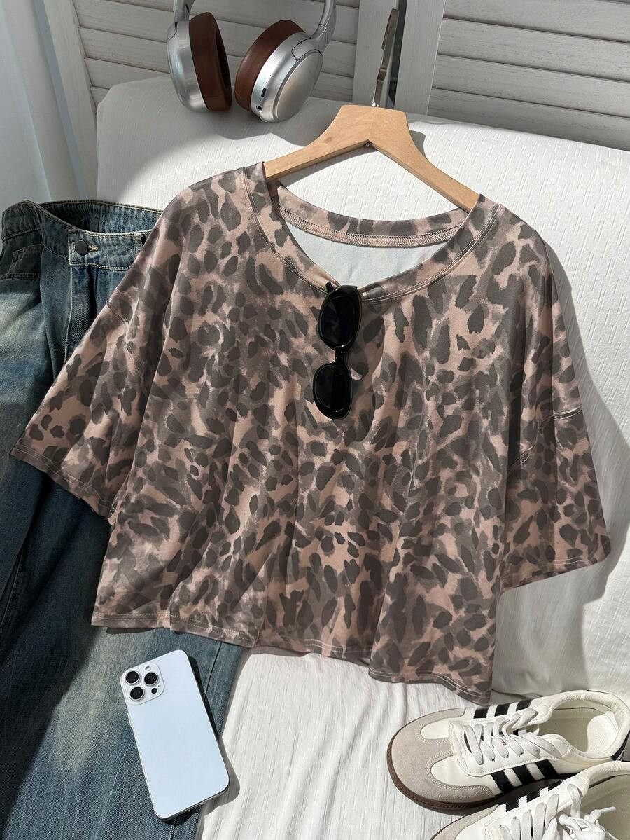 Comfortcana Plus Size Casual Homewear Dusty Rose Print Loose T-Shirt, Plus Size Wide Neckline T-S... | SHEIN