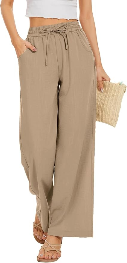 Women Flowy Pants Drawstring Waist Wide Leg Palazzo Beach Pants Loose Fit with Pockets | Amazon (US)