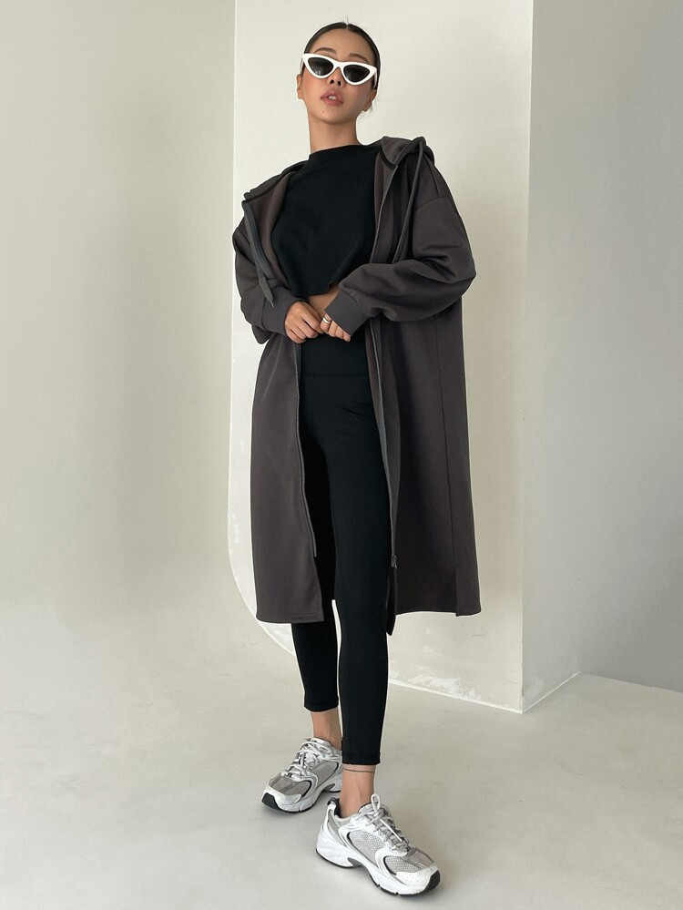 DAZY Zip Up Drop Shoulder Drawstring Longline Hoodie | SHEIN