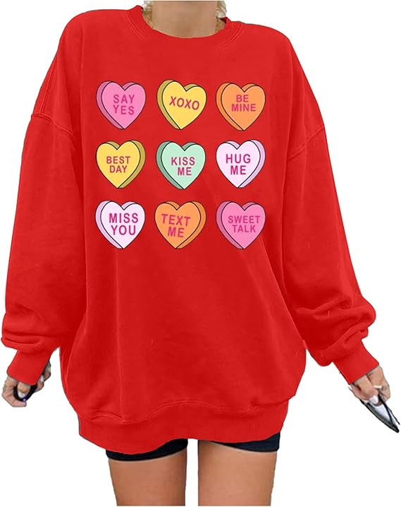 JINTING Valentine Sweatshirt Women Oversized Hearts Long Sleeve Shirt Conversation Heart Sweatshi... | Amazon (US)