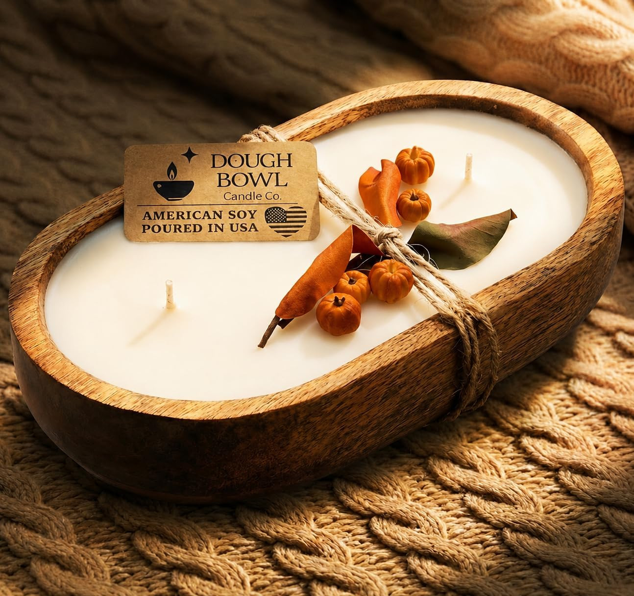 Dough Bowl Candle Co. Pumpkin Spice Soy Candle - 3 Wick Rustic Farmhouse Coffee Table Decor, Odor Eliminator in Wooden Bowls, 20 Ounce Wooden Dough Bowl Candle, All-Natural Gifts for Women and Men | Amazon (US)