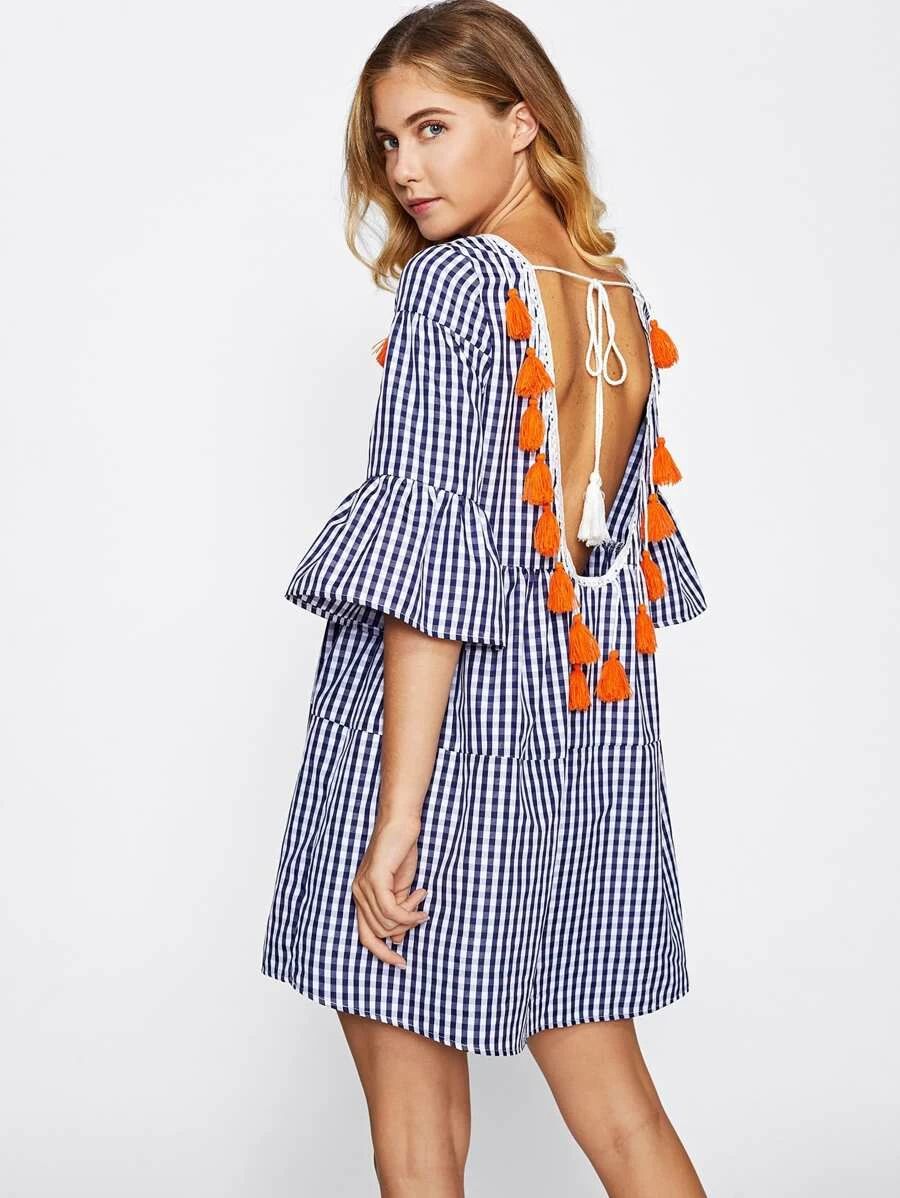 Tassel Tied Open Back Tiered Gingham Dress | SHEIN