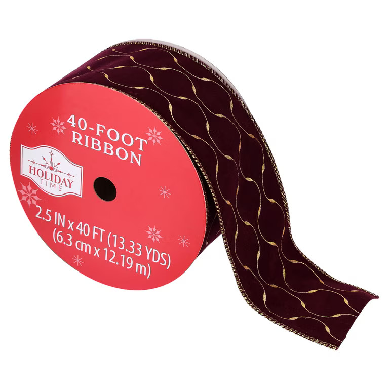 Maroon and Gold Wave Velvet Christmas Ribbon, 2.5" x 40', by Holiday Time | Walmart (US)