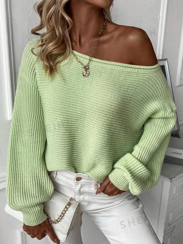 SHEIN Relaxiva Solid Drop Shoulder Asymmetrical Neck Sweater | SHEIN