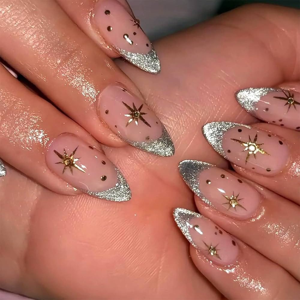 French Tip Press on Nails Glitter French Tip Medium Almond Fake Nails with Rhinestones Full Cover... | Amazon (US)