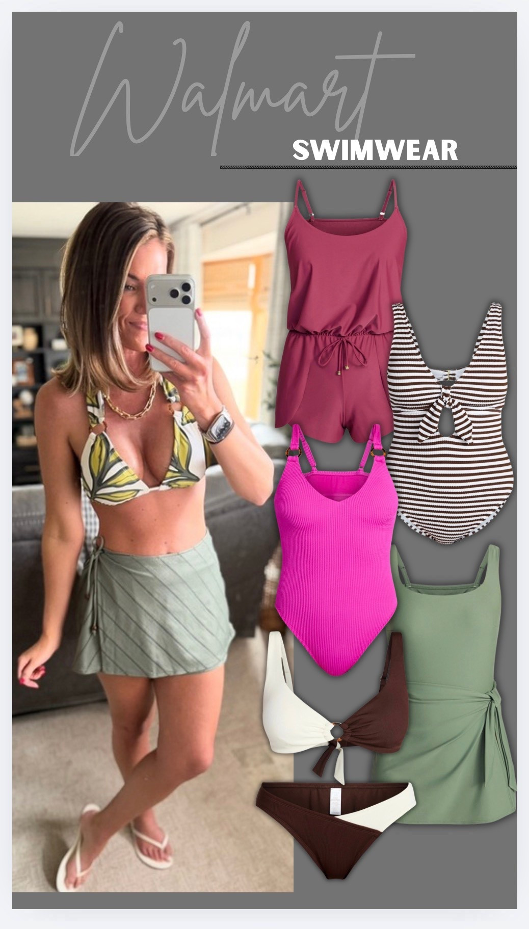 Walmart swimwear finds. Lots of great full coverage options  
Wearing medium in all pieces. Could have maybe sized down to small in wrap coverup  

#LTKmomlife #LTKSwim #LTKSeasonal