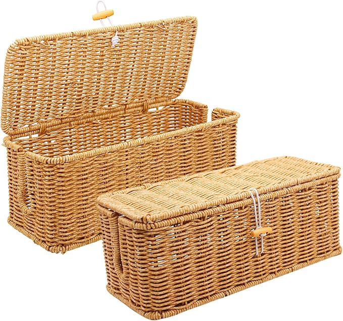 2PCS Cable Management Box, Handmade Rattan Cable Organizer, Open Slots Cords Hider Box Cord Baske... | Amazon (US)
