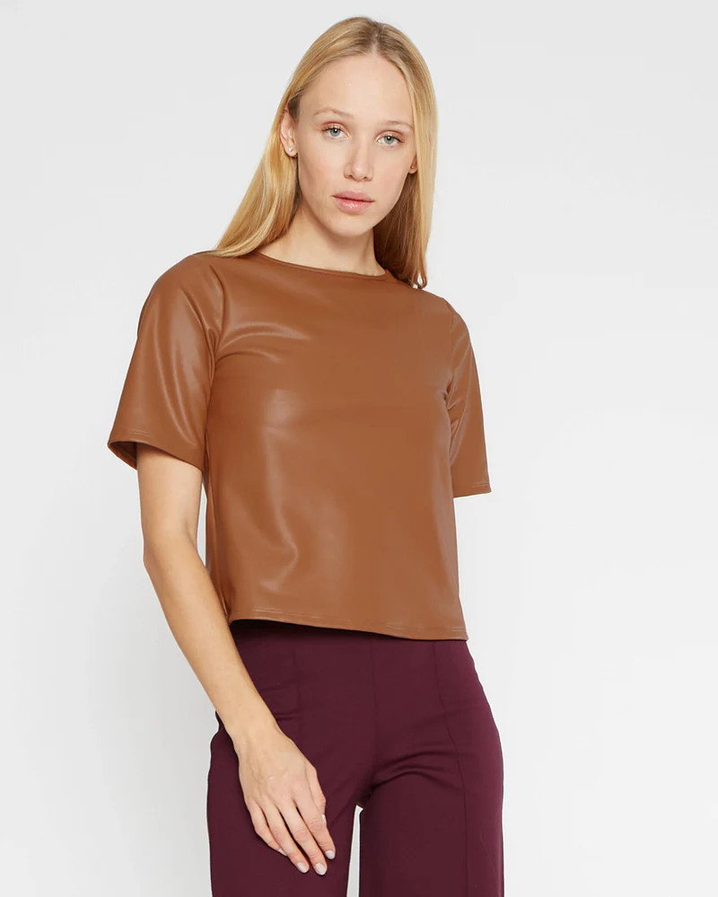 Camel Vegan Leather Short Sleeve Top Extended | Ripley Rader