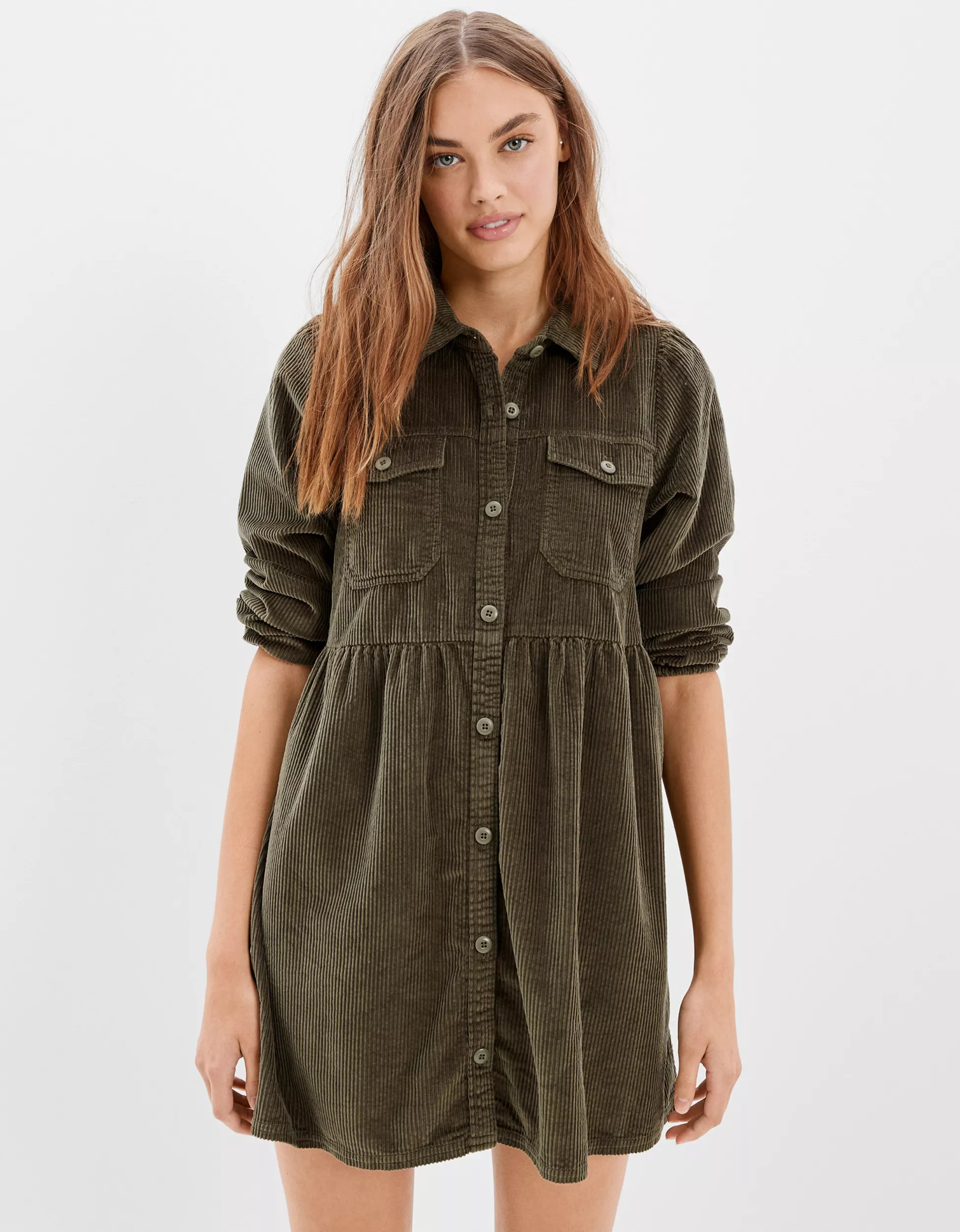 AE Corduroy Babydoll Shirt Dress | American Eagle Outfitters (US & CA)