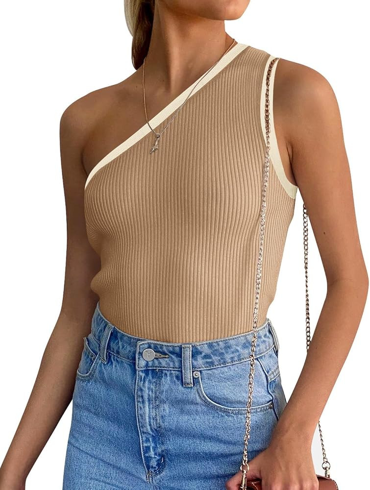ZESICA Women's Color Block Tank Top Summer One Shoulder T Shirt Ribbed Knit Sleeveless Slim Fit B... | Amazon (US)