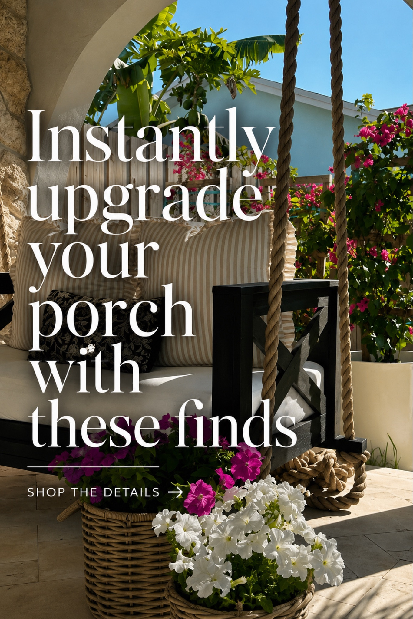 Front porch upgrades that instantly elevate your outdoor space. 🤍

I found similar porch swing options to the one my husband built, and several are currently on sale. I also linked the woven planter baskets I used with petunias in the front and bougainvillea in the background for a colorful summer porch.

One of my favorite details is the extra-thick rope on the swing. I ordered 1.5-inch rope and used about 50 feet total to give it that custom, high-end look. 

Upgrade your porch with these finds 
Porch swing 
Daybed 
Swing bed
Twin size porch swing 
Crib size porch swing 
Front porch decor
Front door
Summer
Cottage 
Beach house 
Resort 
Cozy home
Poolside 
Amazon 
Wayfair 


#LTKSeasonal #LTKSaleAlert #LTKHome